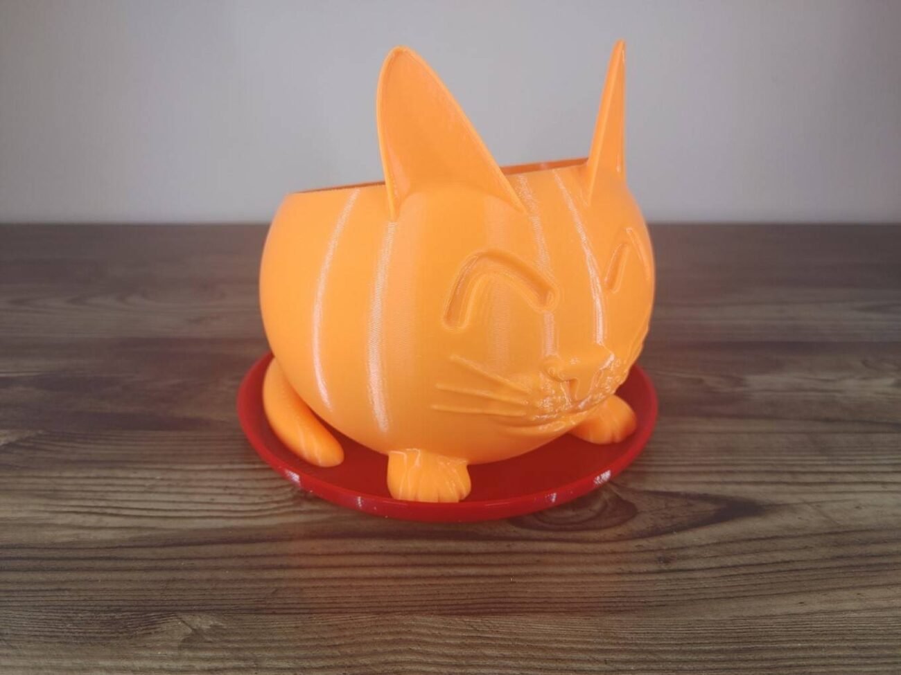 Jamie Creates 3D Printed Animal Planter Cat Orange Medium on Red Saucer Cat Saucer - Select Size