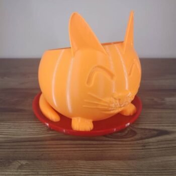 Jamie Creates 3D Printed Animal Planter Cat Orange Medium on Red Saucer Cat Saucer - Select Size