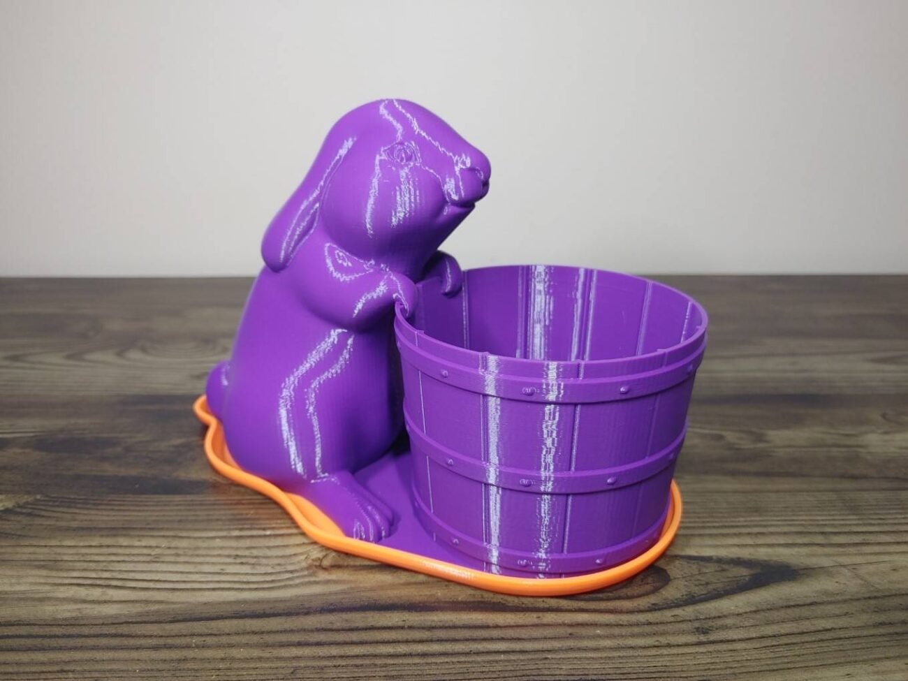 Jamie Creates 3D Printed Animal Planter Rabbit With Barrel Purple Medium on Orange Saucer Rabbit with Barrel Saucer - Select Size