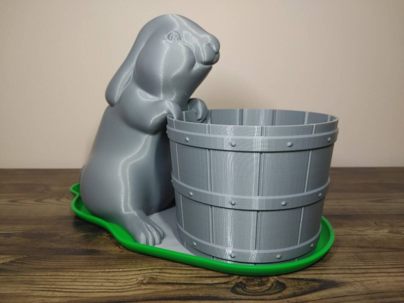 Jamie Creates 3D Printed Animal Planter Rabbit With Barrel Silver Large on Green Saucer Rabbit with Barrel Saucer - Select Size