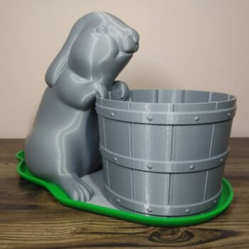 Jamie Creates 3D Printed Animal Planter Rabbit With Barrel Silver Large on Green Saucer Rabbit with Barrel Saucer - Select Size