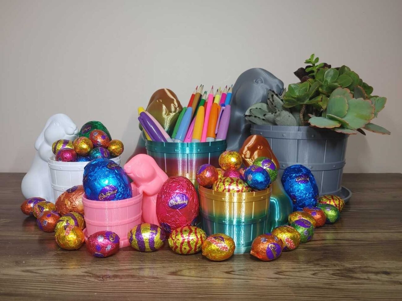 Jamie Creates 3D Printed Animal Planters Rabbit with Barrel Colour Combo Succulent and Pencils Rabbit with Barrel Planter - Select Size