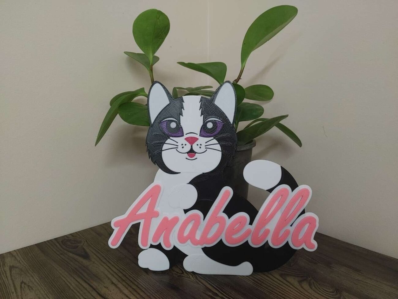 Jamie Creates 3D Printed Name Plaques Cat Anabella Pink Corner Plant Cat - Name Plaque