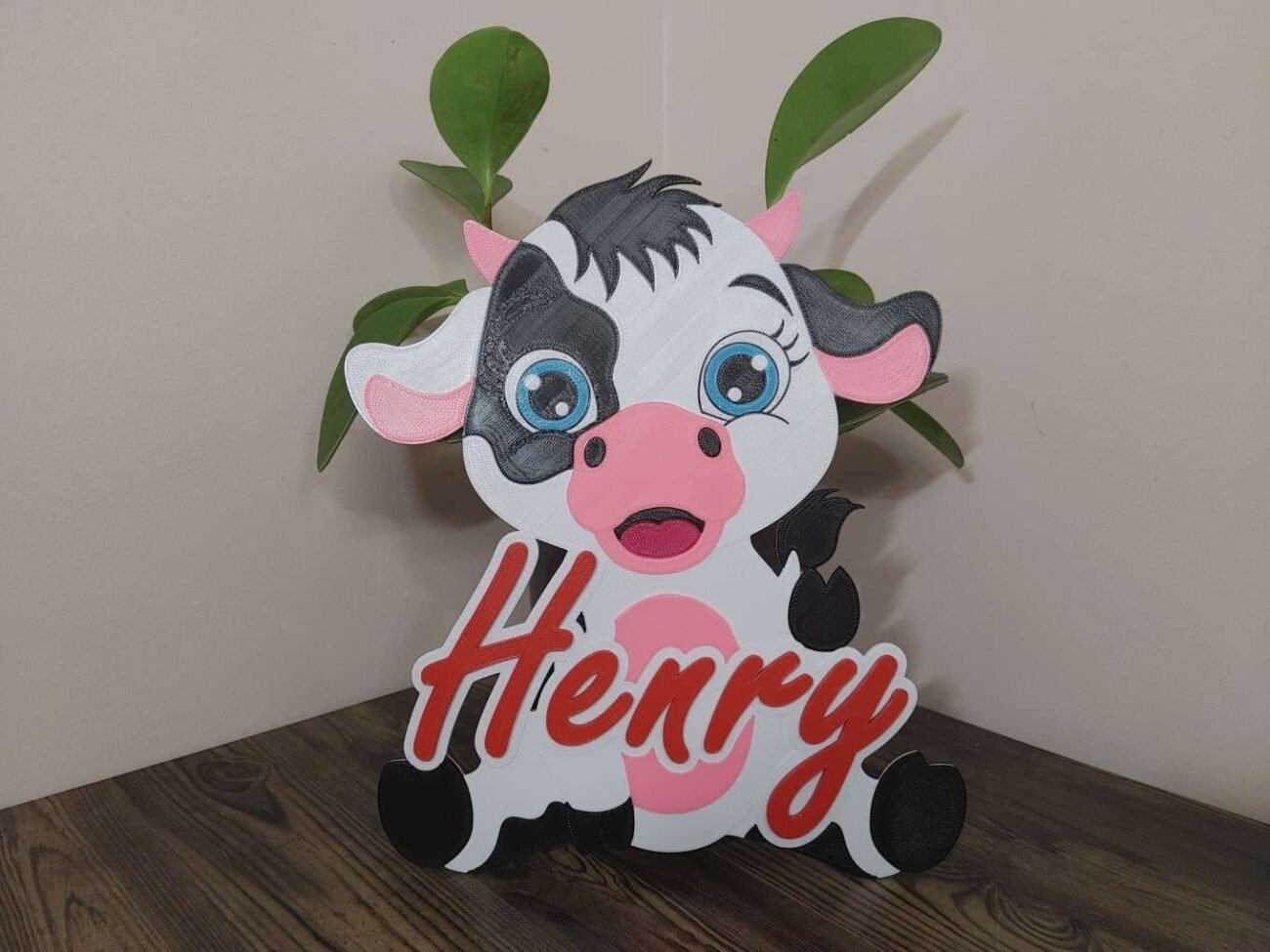 Jamie Creates 3D Printed Name Plaques Cow Henry Red Corner Plant Cow - Name Plaque
