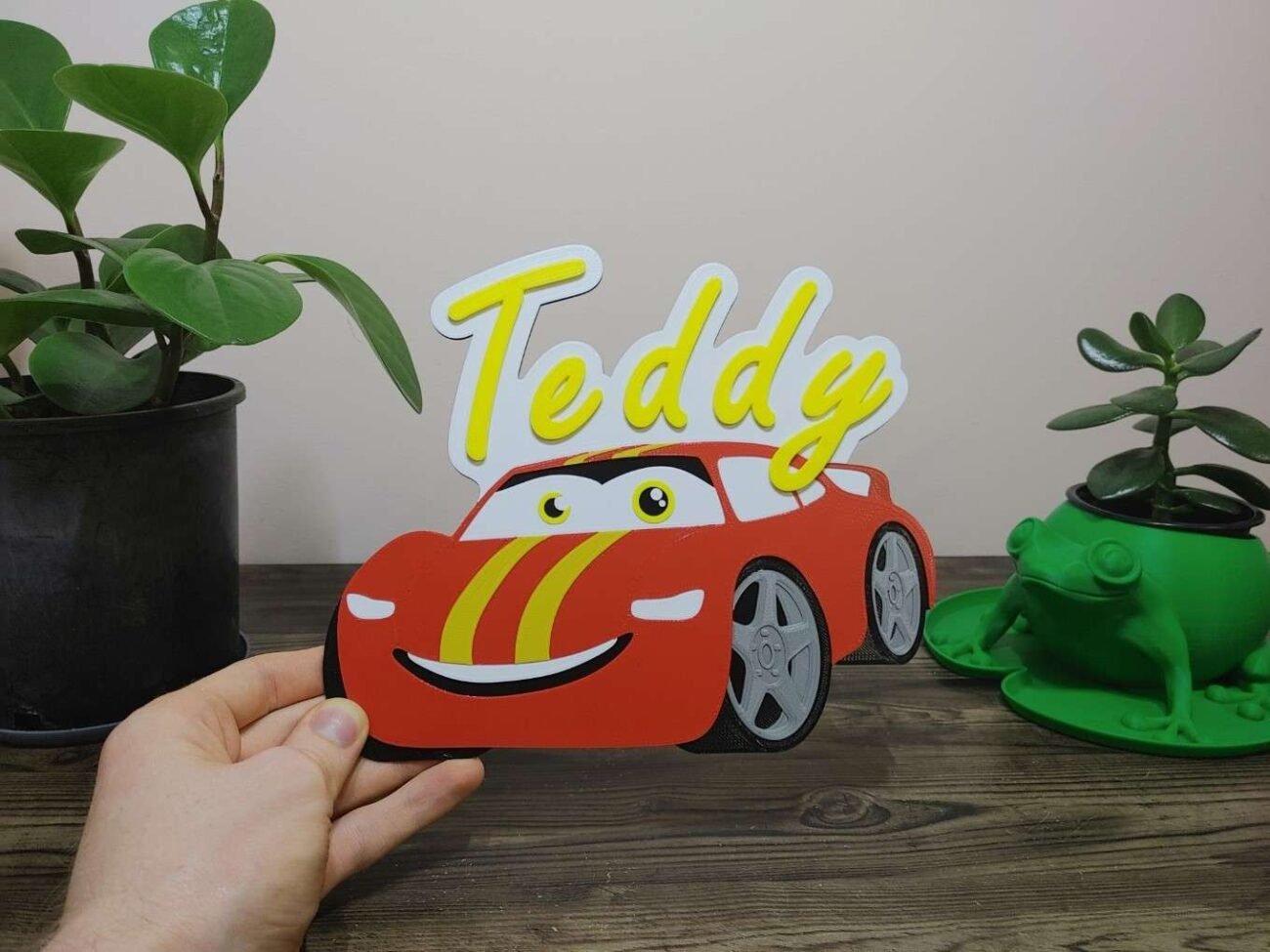 Jamie Creates 3D Printed Name Plaques Race Car Teddy Red Yellow Hand Race Car - Name Plaque