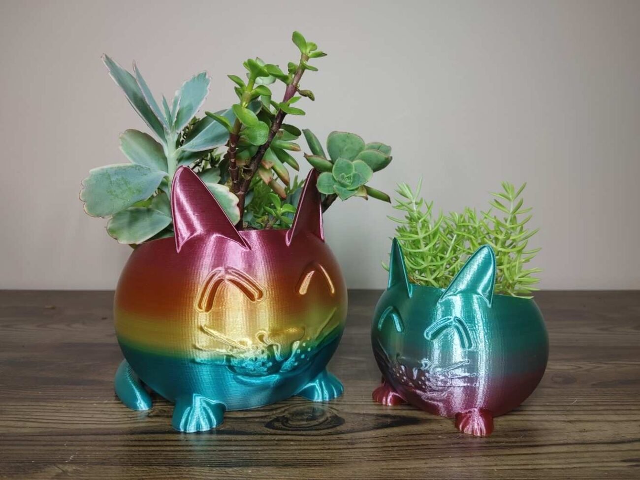Jamie Creates 3D Printed Animal Planter Cat Rainbow Colour with Succulent Medium 2 Sizes Cat Planter - Rapid Rainbow - Select Size