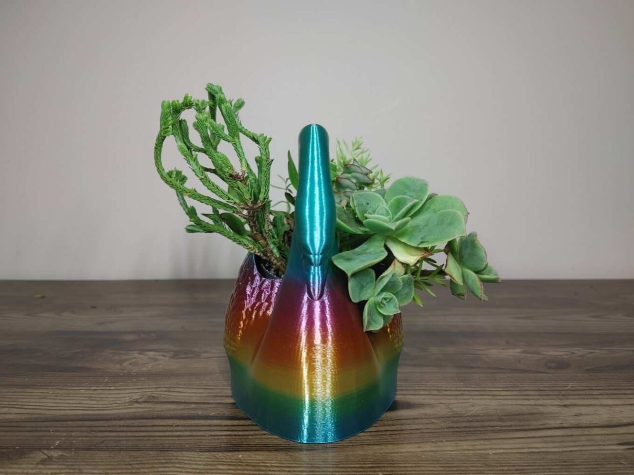 Jamie Creates 3D Printed Animal Planter Curved Swan Rainbow Colour with Succulent Medium Front Swan Curved Planter - Rapid Rainbow - Select Size