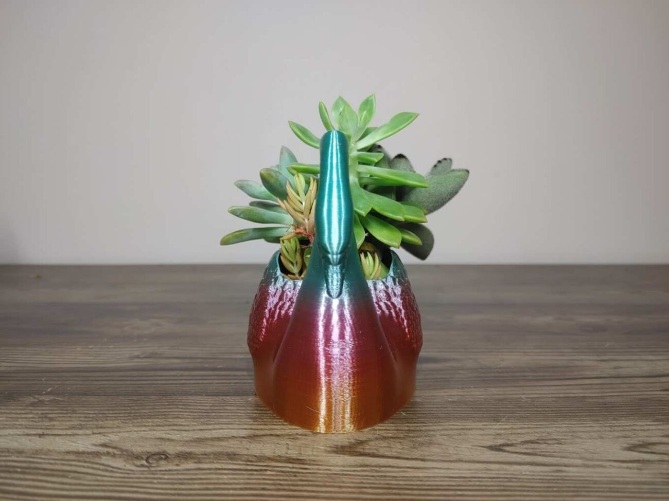 Jamie Creates 3D Printed Animal Planter Curved Swan Rainbow Colour with Succulent X-Small Front Swan Curved Planter - Rapid Rainbow - Select Size