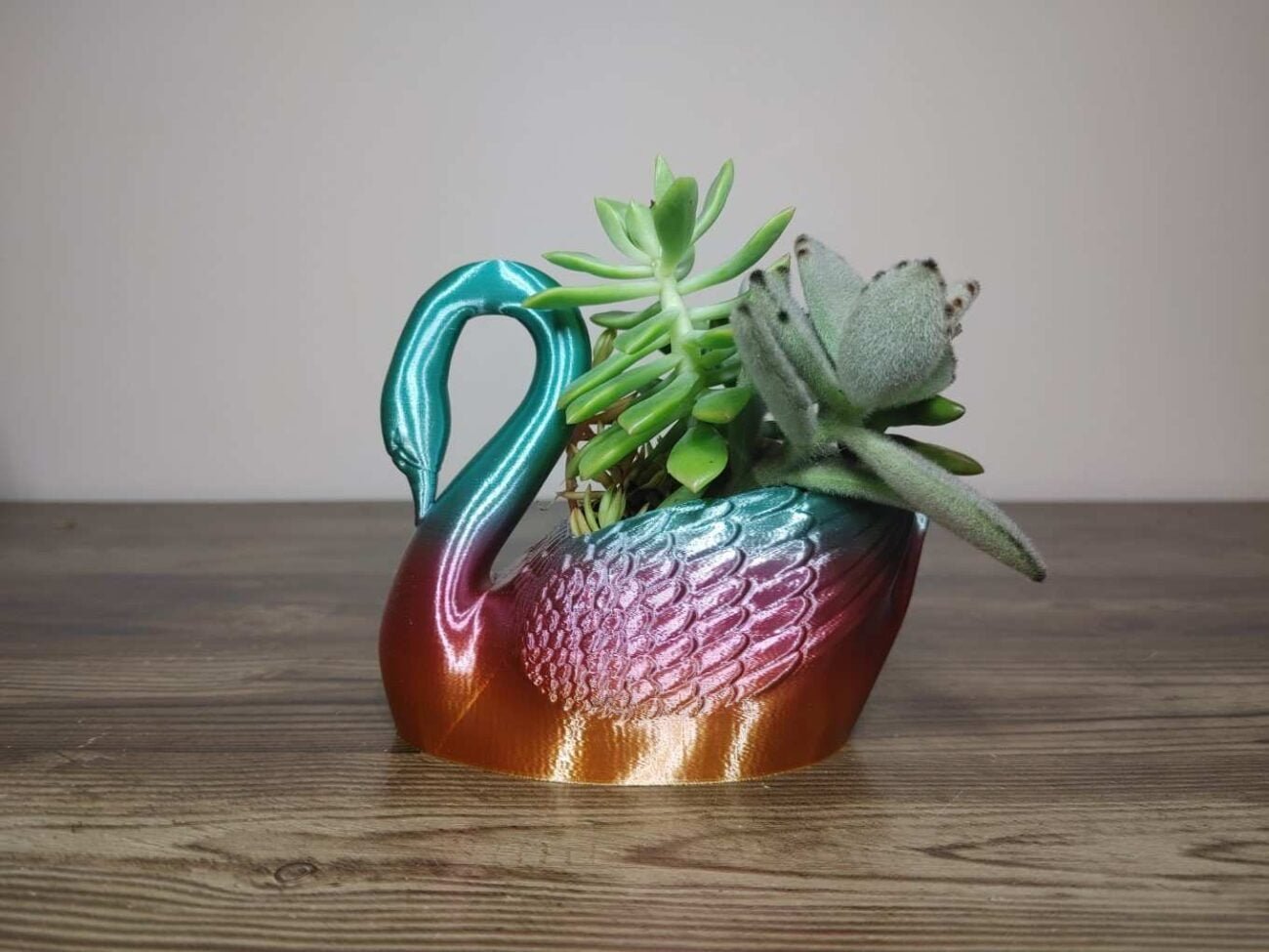 Jamie Creates 3D Printed Animal Planter Curved Swan Rainbow Colour with Succulent X-Small Side Swan Curved Planter - Rapid Rainbow - Select Size