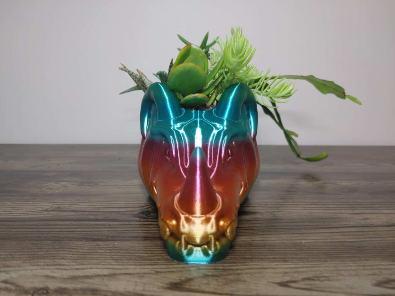 Jamie Creates 3D Printed Animal Planter Dragon Rainbow Colour with Succulent Medium Front Dragon Planter - Rapid Rainbow - Select Size