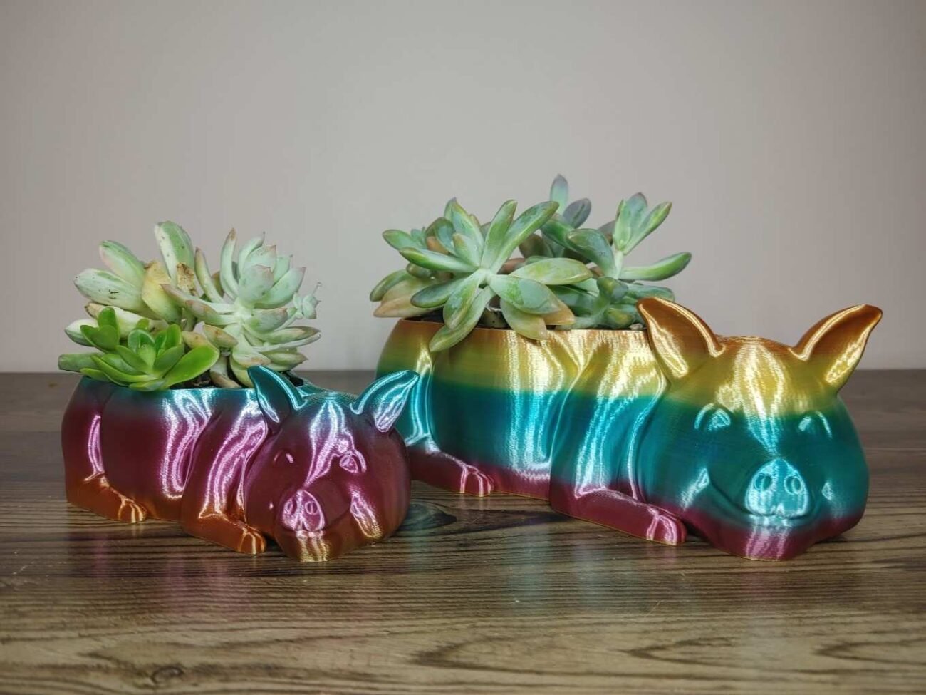 Jamie Creates 3D Printed Animal Planter Pig Rainbow Colour with Succulent 2 Sizes Pig Planter - Rapid Rainbow - Select Size