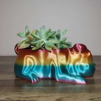 Jamie Creates 3D Printed Animal Planter Pug Dog Rainbow Colour with Succulent Medium Side