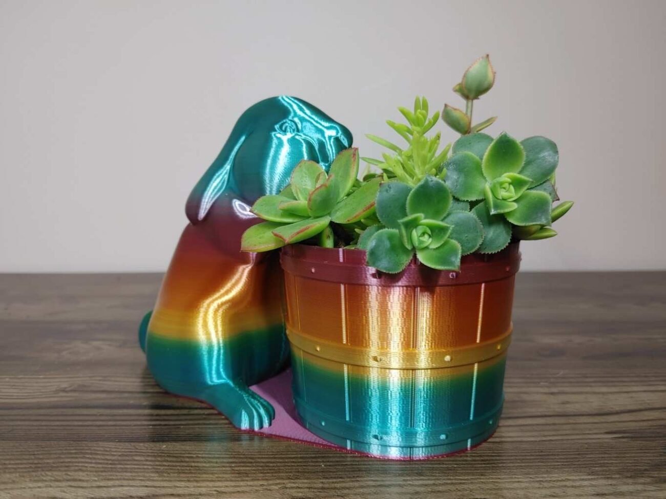 Jamie Creates 3D Printed Animal Planter Rabbit Barrel Rainbow Colour with Succulent Medium FA Rabbit with Barrel Planter - Rapid Rainbow - Select Size