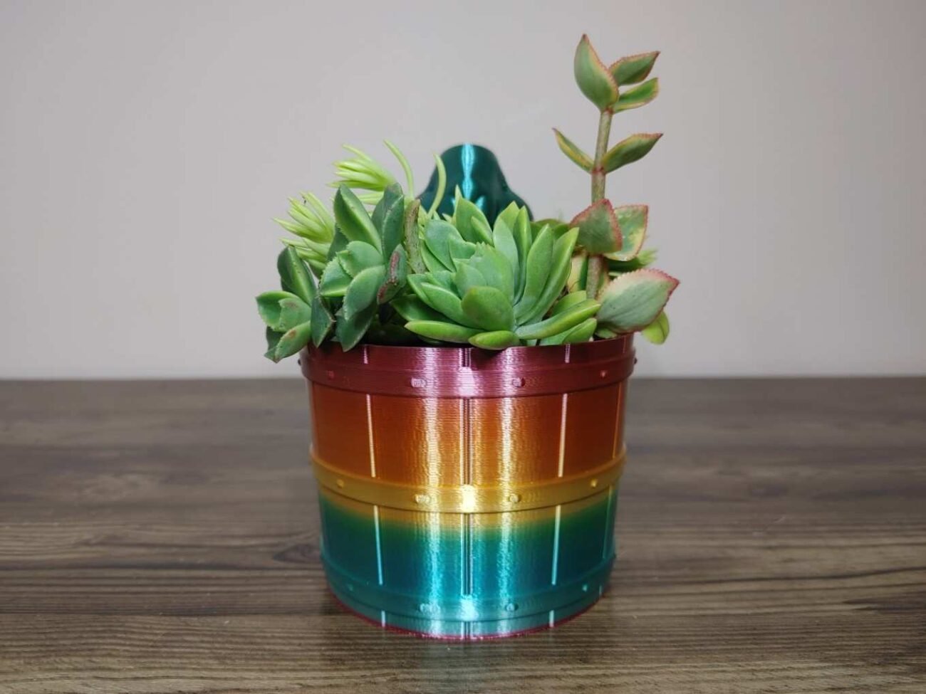 Jamie Creates 3D Printed Animal Planter Rabbit Barrel Rainbow Colour with Succulent Medium Front Rabbit with Barrel Planter - Rapid Rainbow - Select Size