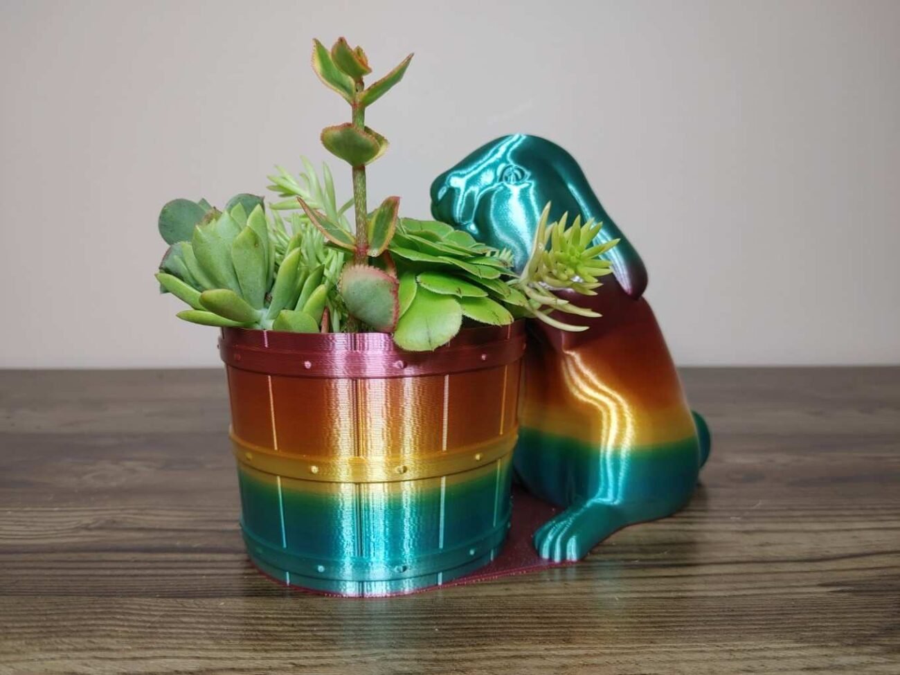 Jamie Creates 3D Printed Animal Planter Rabbit Barrel Rainbow Colour with Succulent Medium Other FA Rabbit with Barrel Planter - Rapid Rainbow - Select Size