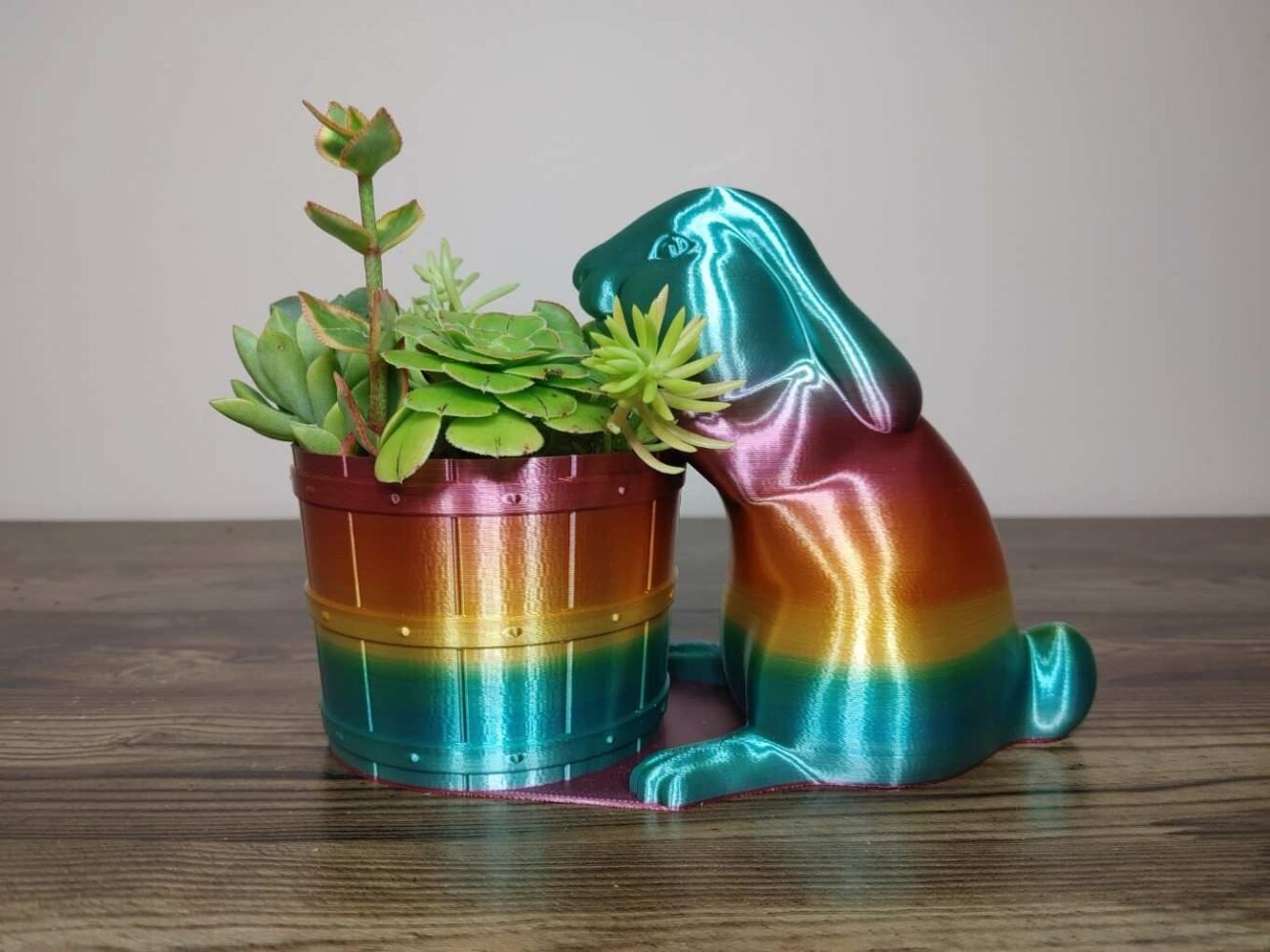 Jamie Creates 3D Printed Animal Planter Rabbit Barrel Rainbow Colour with Succulent Medium Other Side Rabbit with Barrel Planter - Rapid Rainbow - Select Size