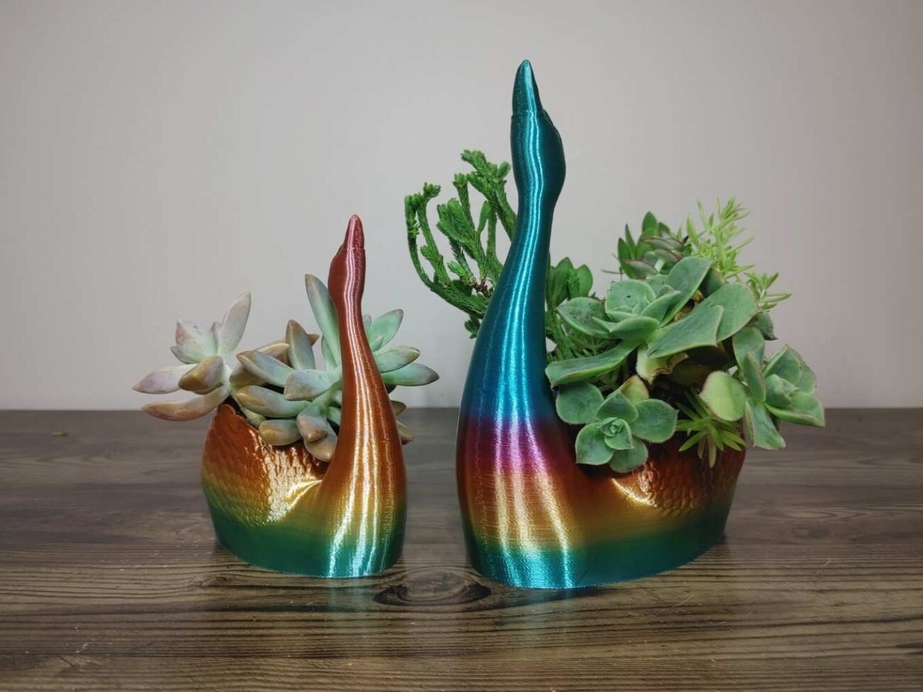 Jamie Creates 3D Printed Animal Planter Straight Swan Rainbow Colour with Succulent 2 Sizes Swan Straight Planter - Rapid Rainbow - Select Size