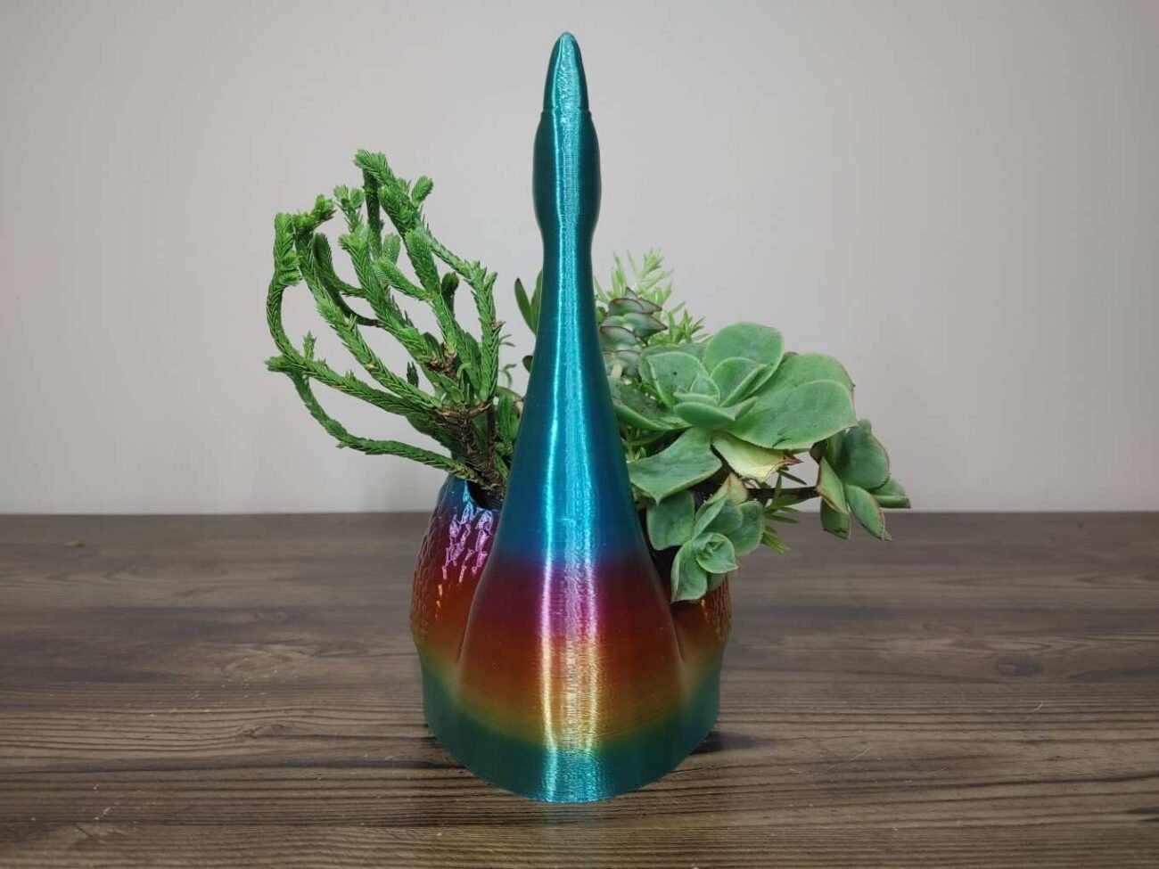 Jamie Creates 3D Printed Animal Planter Straight Swan Rainbow Colour with Succulent Medium Front Swan Straight Planter - Rapid Rainbow - Select Size