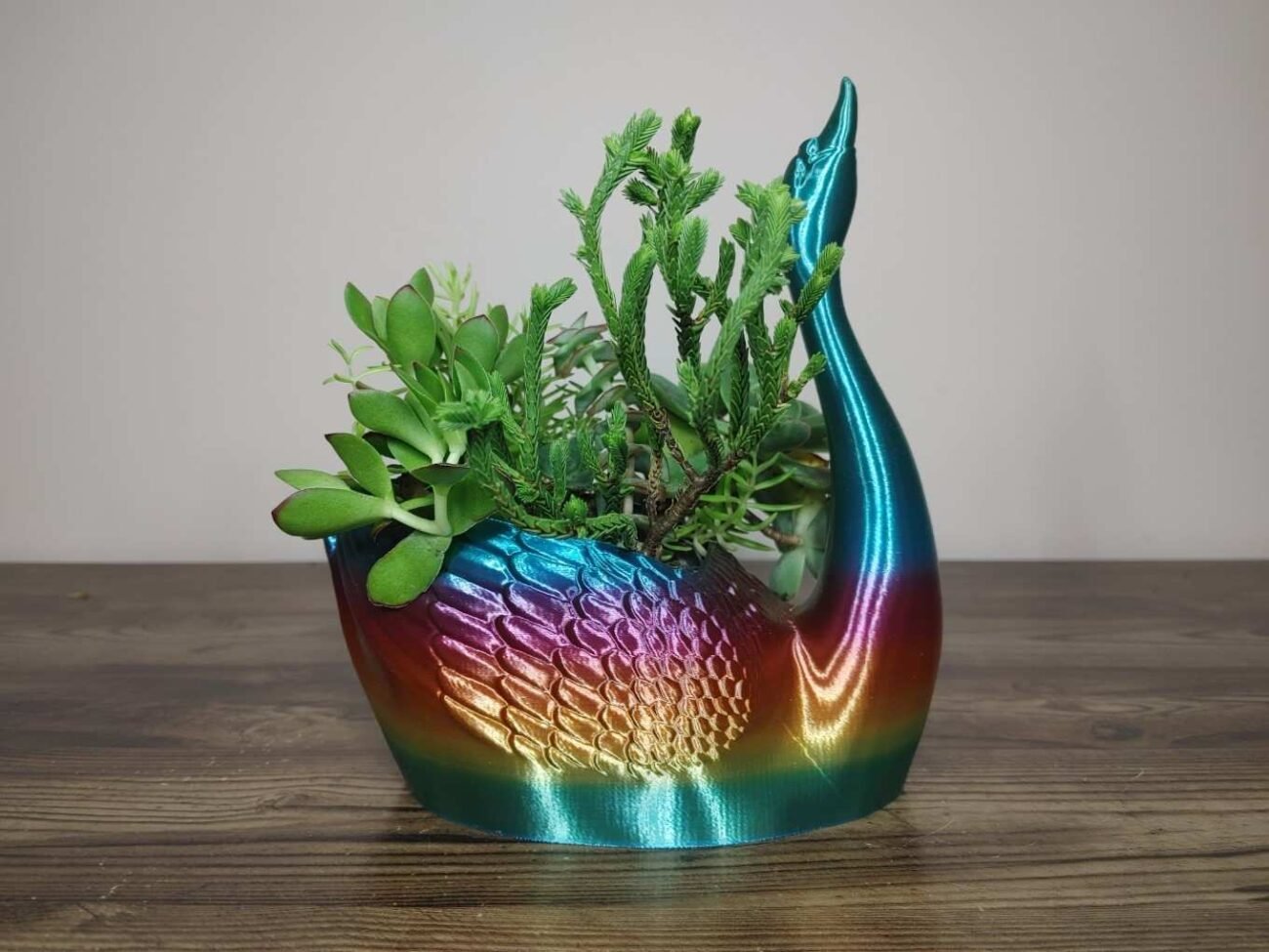 Jamie Creates 3D Printed Animal Planter Straight Swan Rainbow Colour with Succulent Medium Side Swan Straight Planter - Rapid Rainbow - Select Size