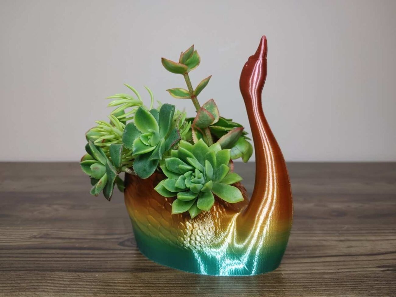Jamie Creates 3D Printed Animal Planter Straight Swan Rainbow Colour with Succulent X-Small FA Swan Straight Planter - Rapid Rainbow - Select Size