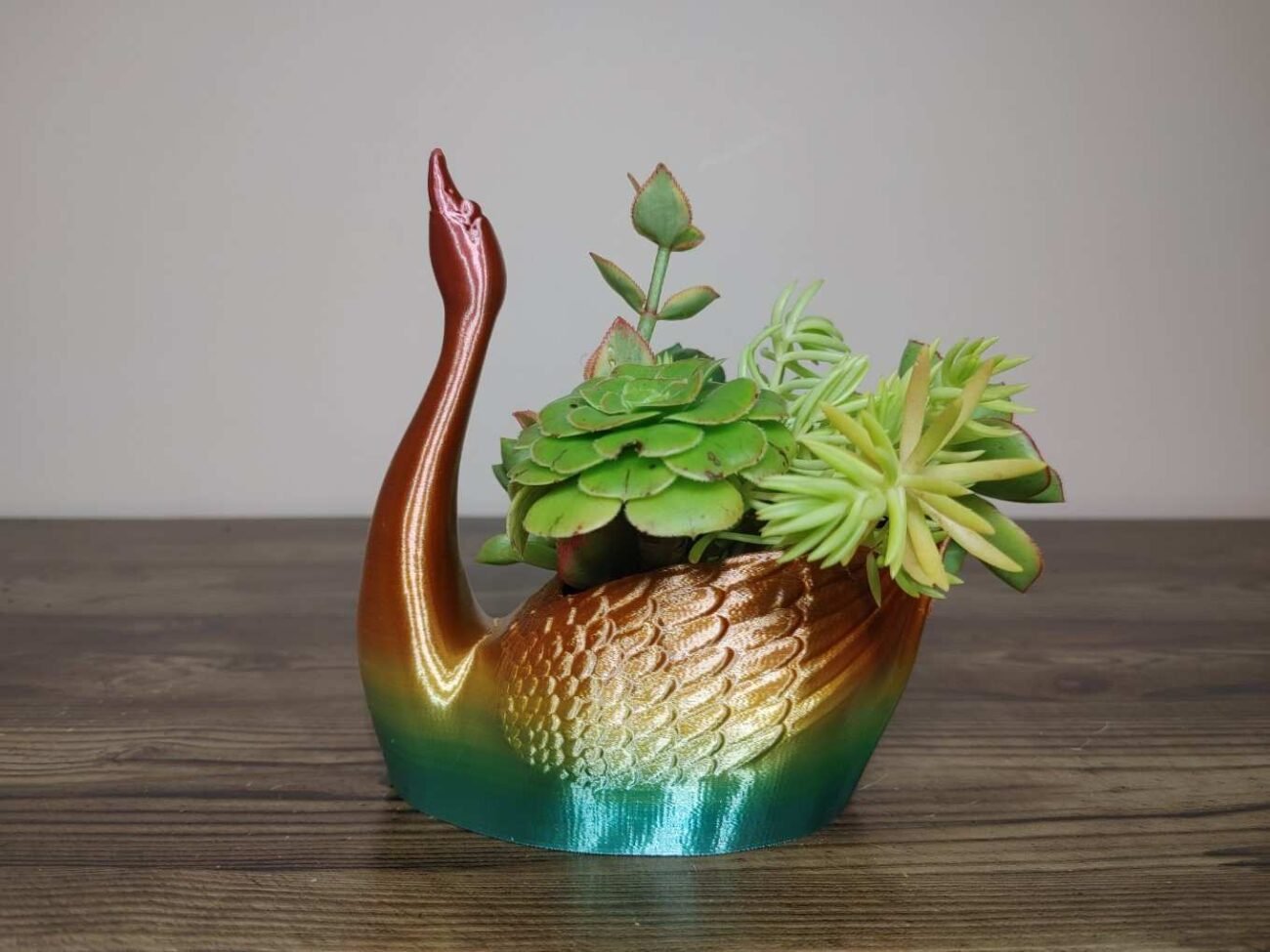 Jamie Creates 3D Printed Animal Planter Straight Swan Rainbow Colour with Succulent X-Small Side Swan Straight Planter - Rapid Rainbow - Select Size