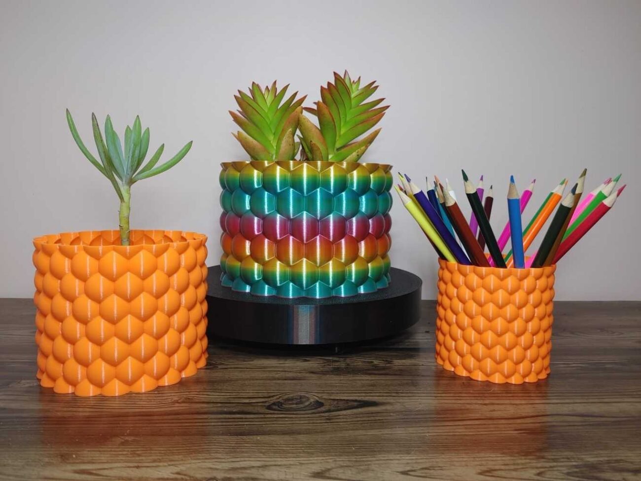 Jamie Creates 3D Printed Vase Planter Bubbly Rainbow & Single Colour with Succulent & Pencils Bubbly Vase Rapid Rainbow - Select Size
