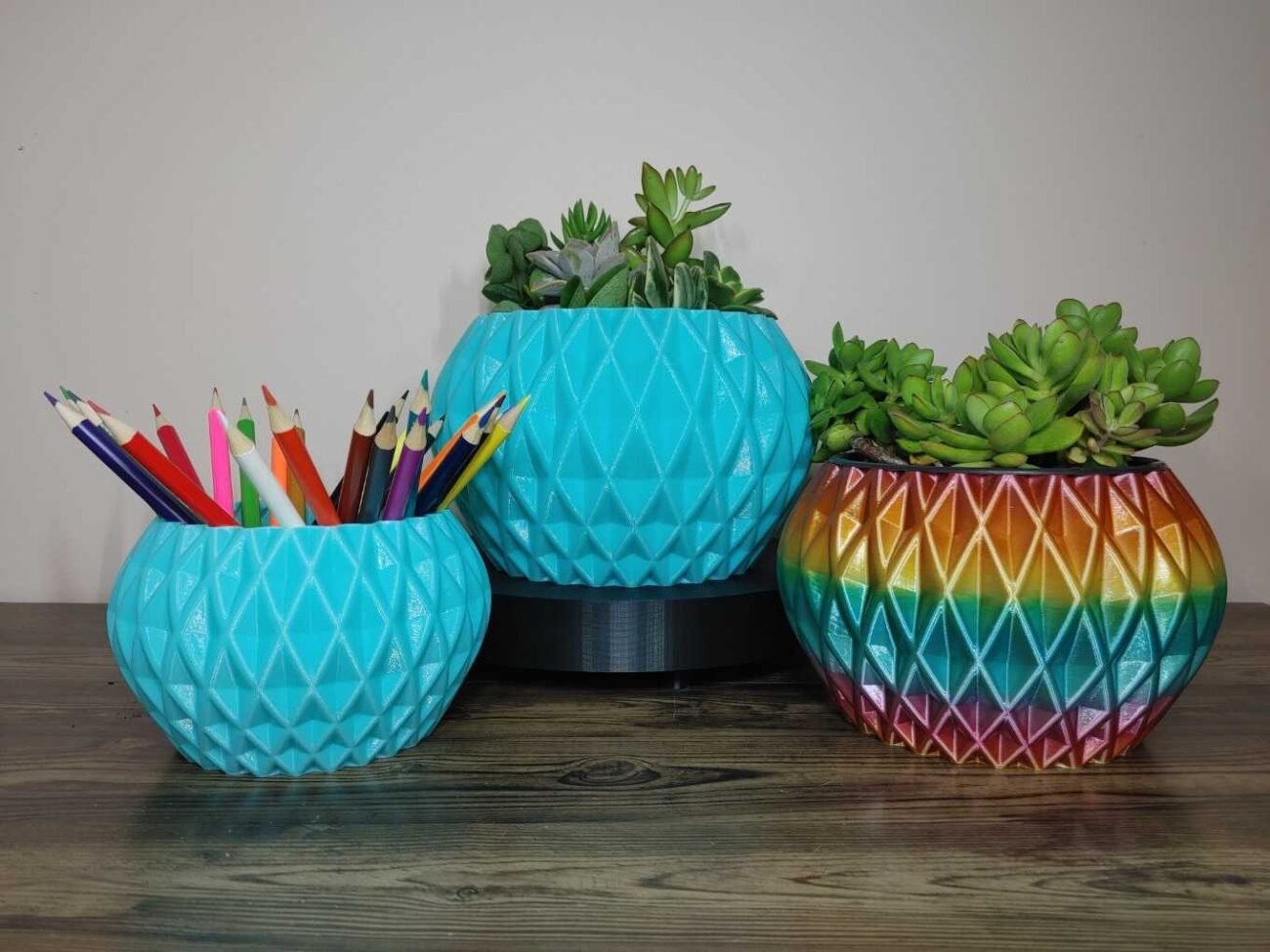 Jamie Creates 3D Printed Vase Planter Diamond Rainbow & Single Colour with Succulent & Pencils Diamond Vase - Select Size