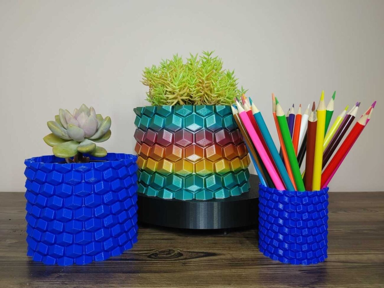 Jamie Creates 3D Printed Vase Planter Honeycomb Rainbow & Single Colour with Succulent & Pencils Honeycomb Vase - Select Size
