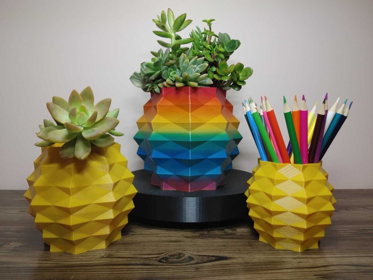 Jamie Creates 3D Printed Vase Planter Pineapple Rainbow & Single Colour with Succulent & Pencils Pineapple Vase - Select Size