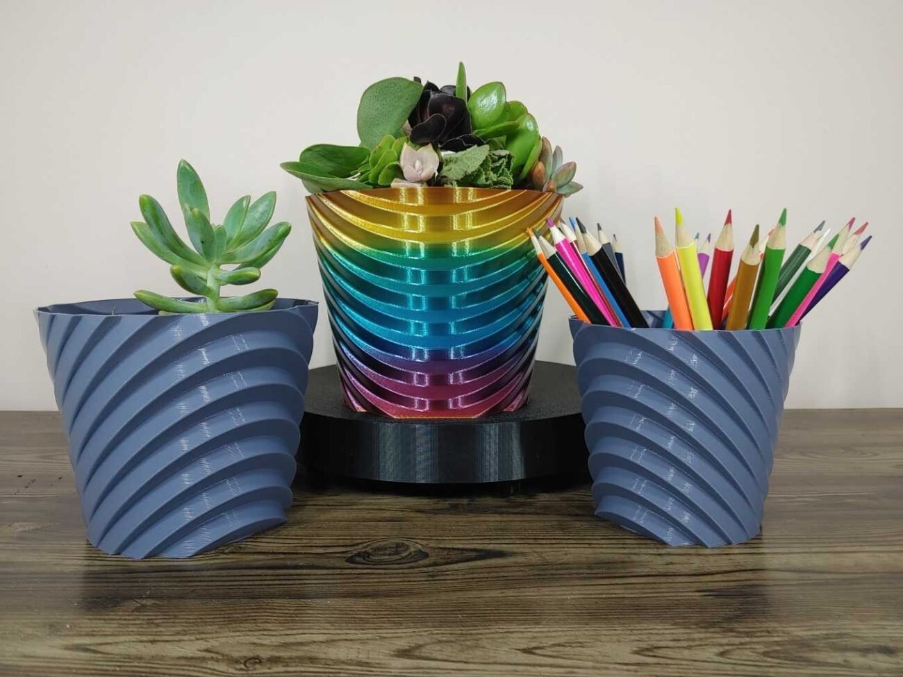 Jamie Creates 3D Printed Vase Planter Stepped Rainbow & Single Colour with Succulent & Pencils Stepped Vase - Select Size