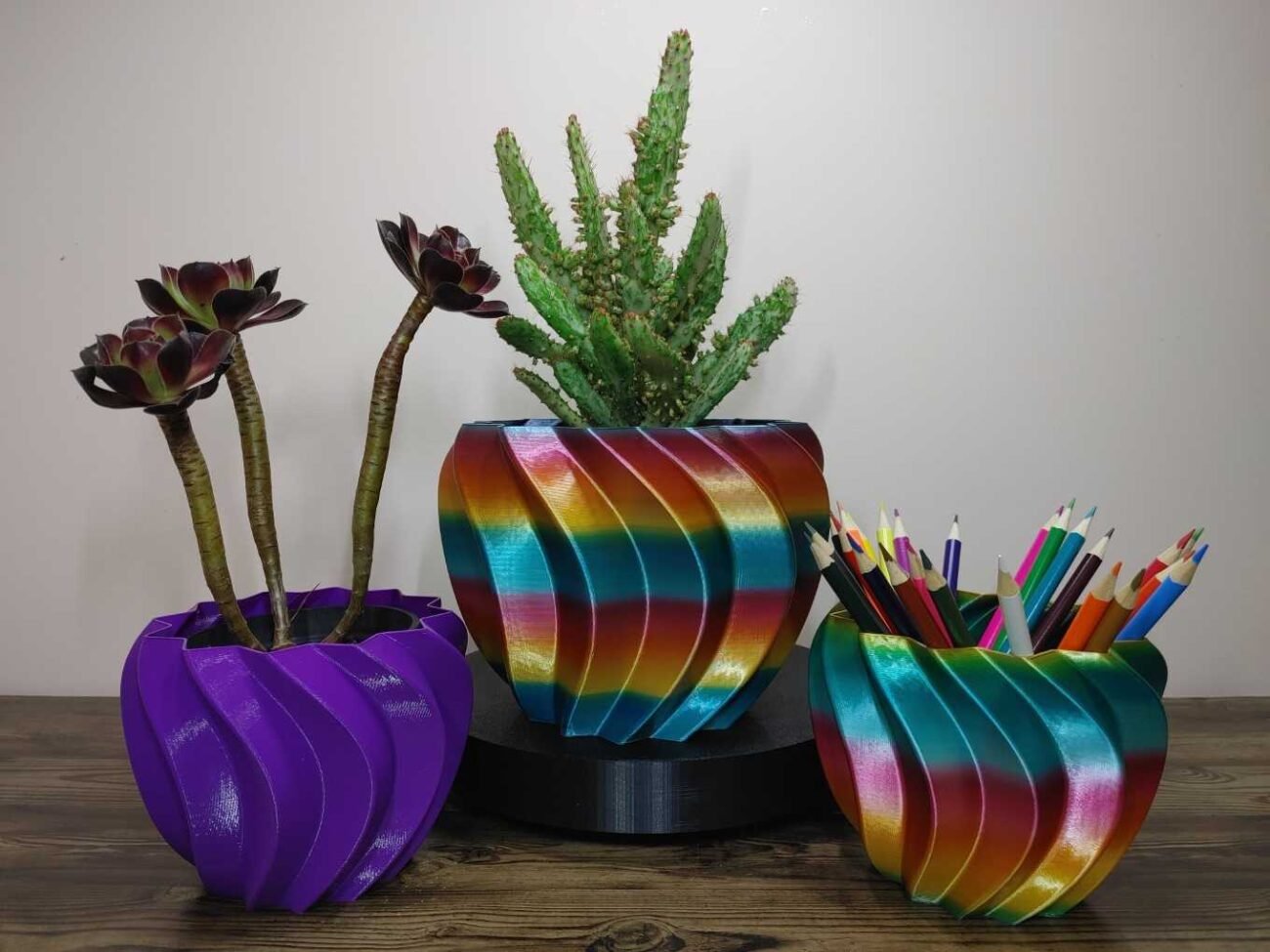 Jamie Creates 3D Printed Vase Planter Swirly Rainbow & Single Colour with Succulent & Pencils Swirly Vase Rapid Rainbow - Select Size