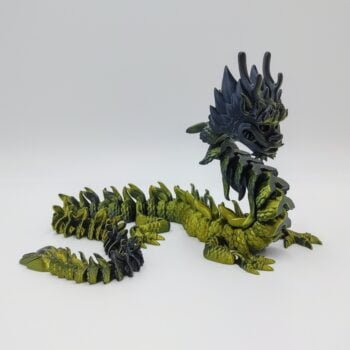 Articulated Imperial Dragon 3D Printed in Silk Gold to Black Articulated Imperial Dragon Sensory Toys Designed by Flexy Factory in Silk Gold to Black with a White Background