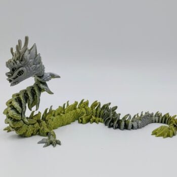 Articulated Imperial Dragon 3D Printed in Silk Silver to Bronze Articulated Imperial Dragon Sensory Toys Designed by Flexy Factory in Silk Silver to Bronze with a White Background