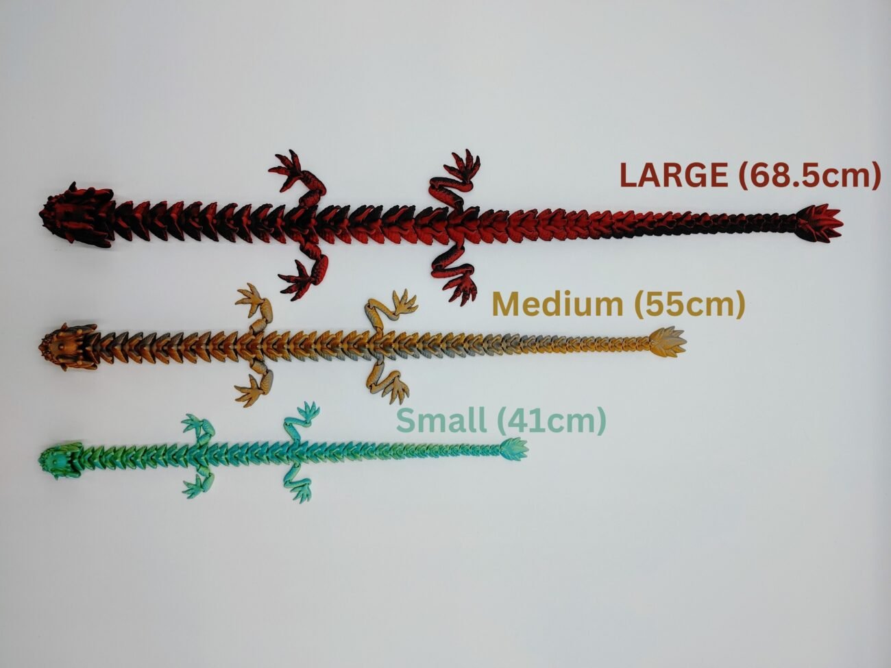 Articulated Imperial Dragon 3D Printed in Three Matte Sizes Articulated Imperial Dragon Sensory Toys Designed by Flexy Factory in Three Matte Sizes with a White Background