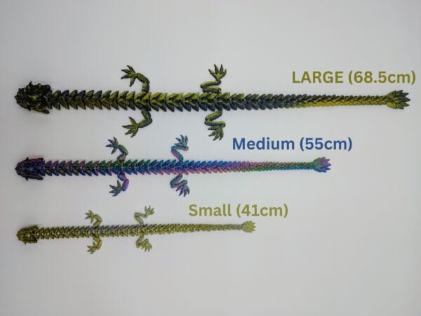 Articulated Imperial Dragon Sensory Toys in Three Silk Sizes with a White Background